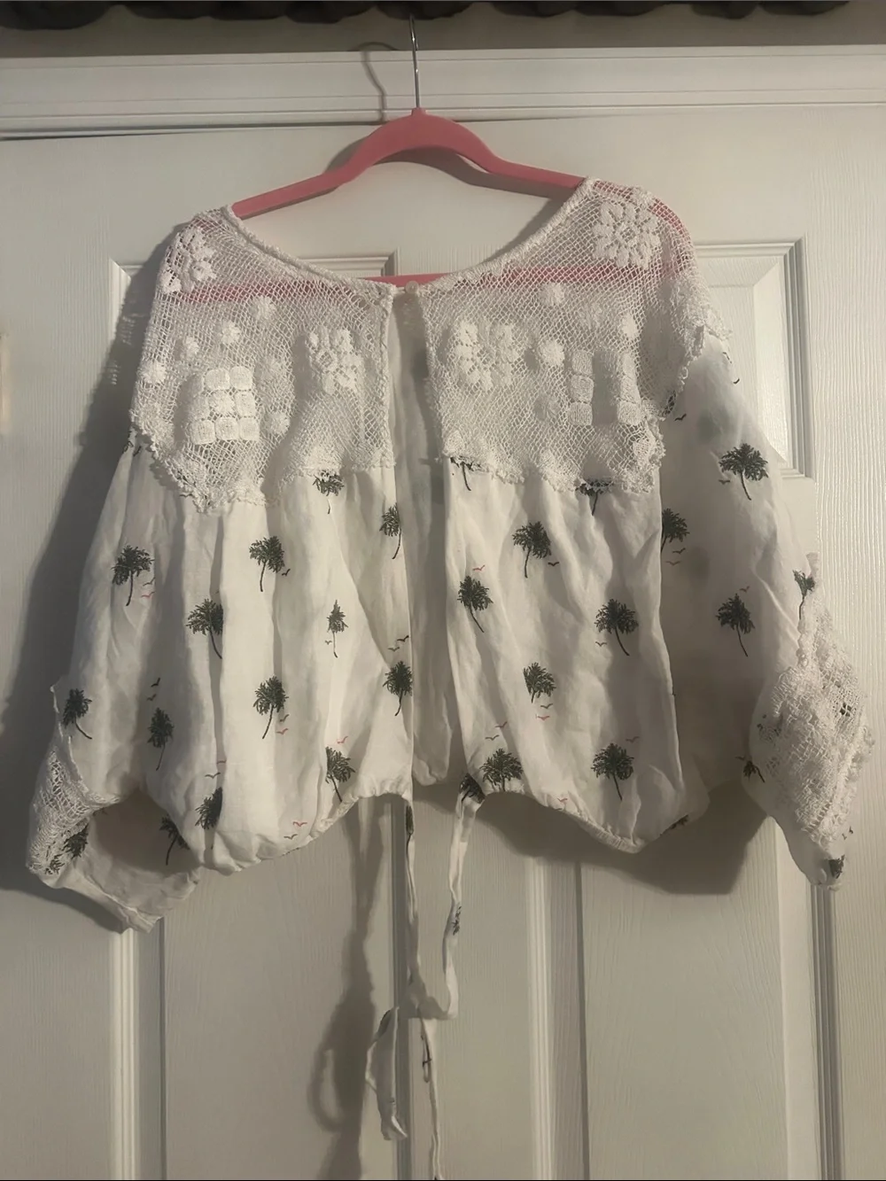 Free People White Cropped Boho Blouse with Green Palm Embroidery